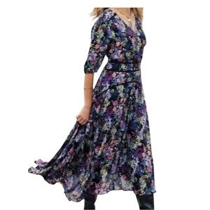 Soft Surroundings Grunge Floral Asymmetrical Midi Boho Dress V Neck Size 12